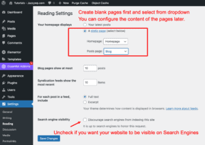 WordPress Dashboard - Reading Settings