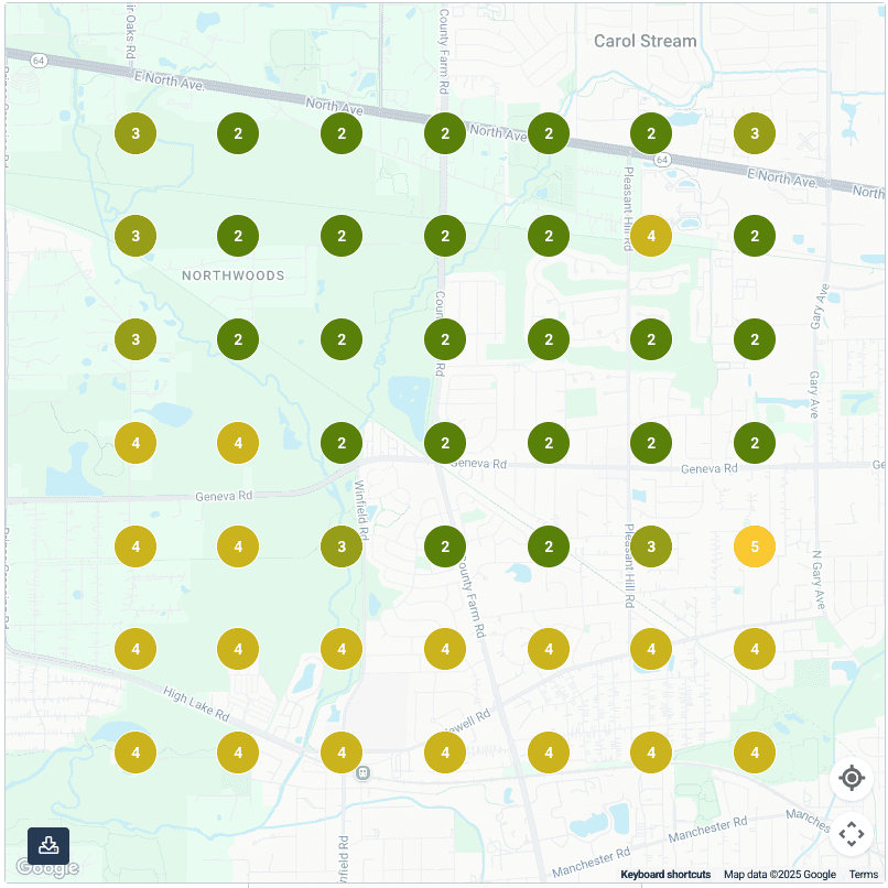 Map showing numerical markers in Carol Stream area.